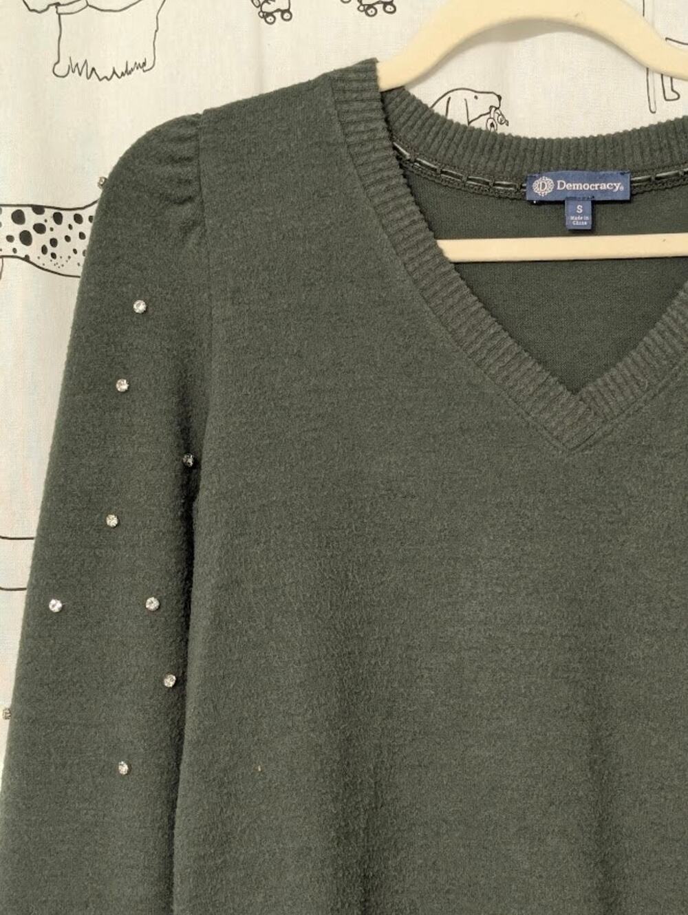 Democracy Sweater Womens S Olive Green Fleece V neck Rhinestone  Military Whimsy